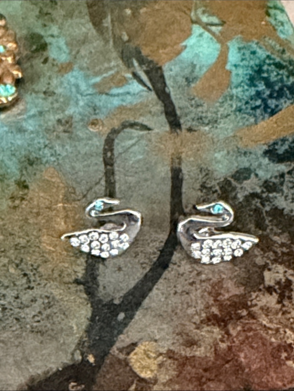 Crystal swans pierced earrings post style silver with blue eyes and pave crystal